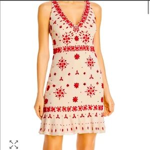 Aidan Mattox Nude Red Beaded Cocktail Sleeveless Mini Dress